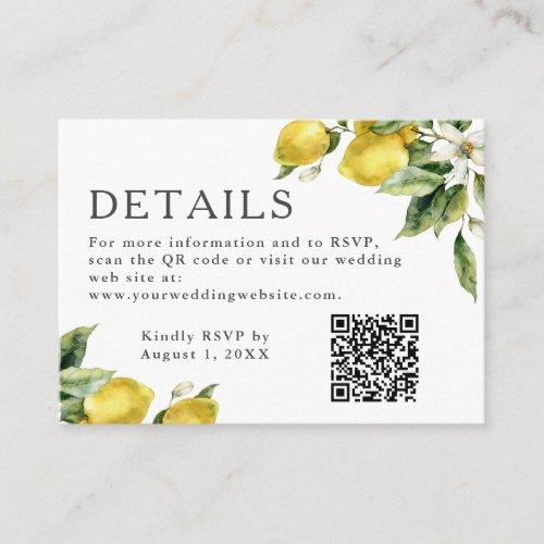 Rustic Lemon Citrus Watercolor Wedding Details Enclosure Card