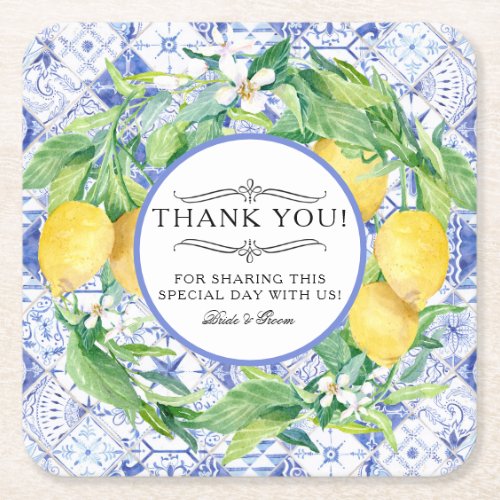 Rustic Lemon Farm Greenery Wreath Blue White Tile Square Paper Coaster