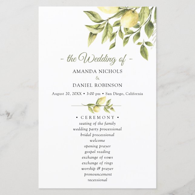 Rustic Lemon Greenery Wedding Ceremony Program (Front)