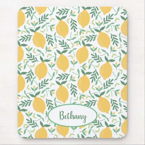 Rustic Lemon Pattern with Green Monogram Mouse Pad