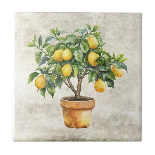 Rustic Lemon Potted Tree Cottage Ceramic Tile (Front)