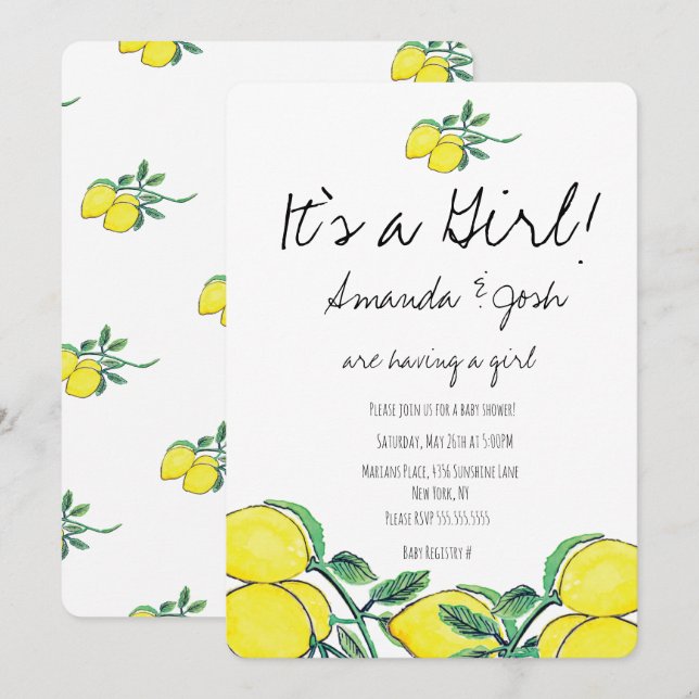 Rustic Lemon Watercolor Citrus Bunch Baby Shower Invitation (Front/Back)