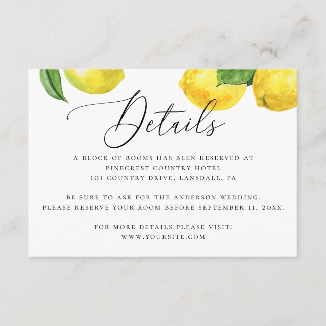 Rustic Lemon Wedding Details. Citrus Accommodation Enclosure Card (Front)