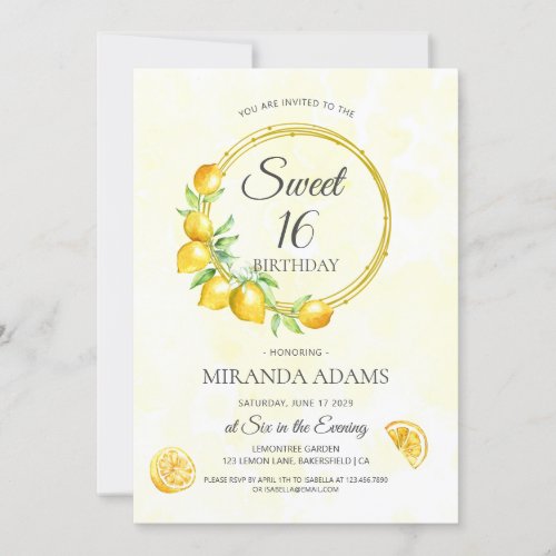 Rustic Lemon Wreath Summer Boho Sweet 16 Birthday Invitation