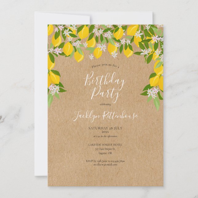 Rustic Lemons Blossom Greenery Birthday Party Invitation (Front)