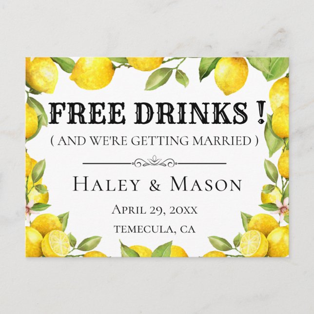 Rustic Lemons FREE DRINKS Save the Date Announcement Postcard (Front)