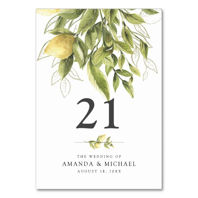 Rustic Lemons Greenery Wedding Table Tent Sign Number (Back)