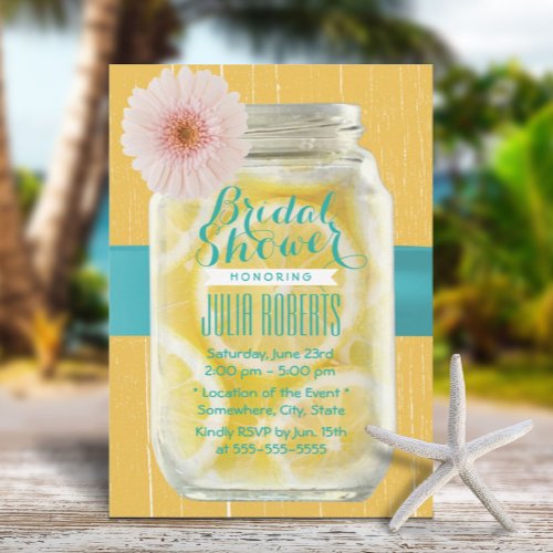 Rustic Lemons in Mason Jar Teal Belt Bridal Shower Invitation