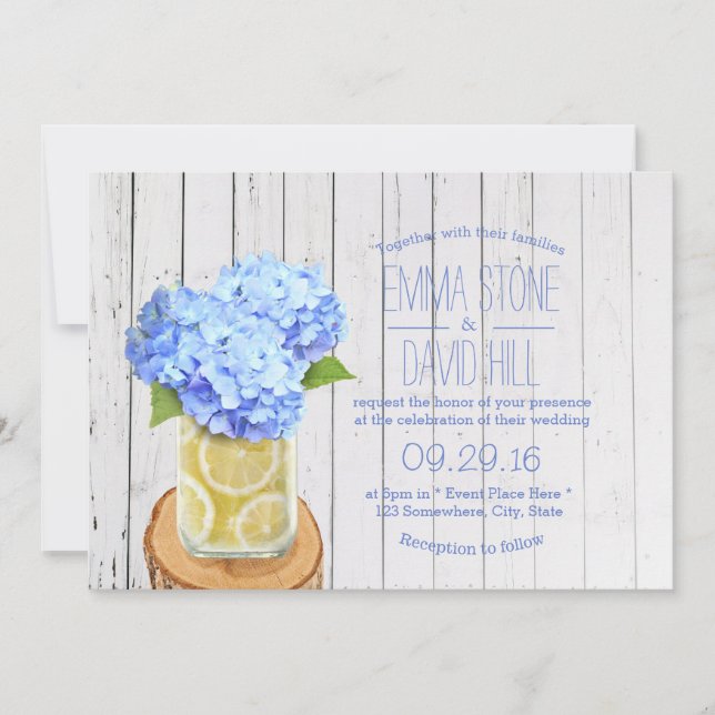 Rustic Lemons Jar & Blue Hydrangea Wedding Invitation (Front)