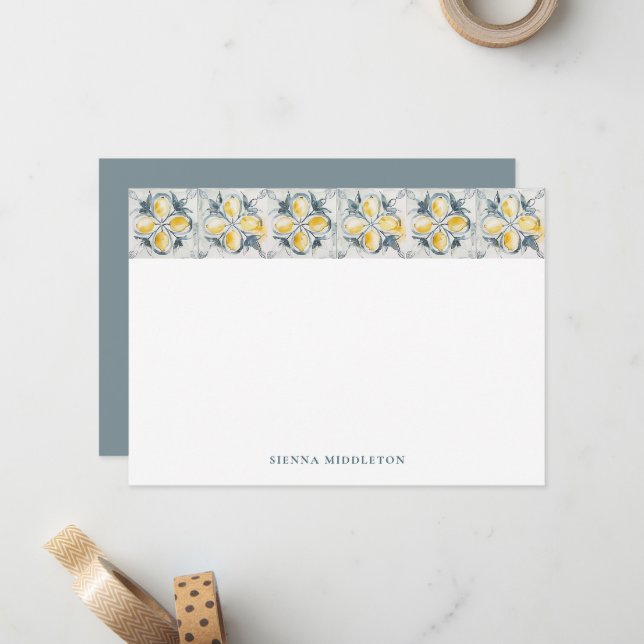 Rustic Lemons Mediterranean Tiles Personalized Note Card (Front/Back In Situ)