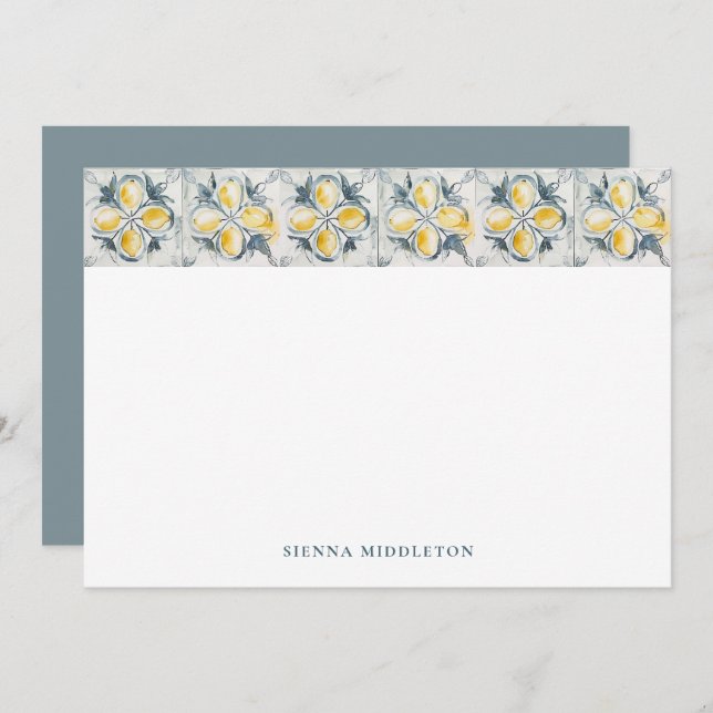 Rustic Lemons Mediterranean Tiles Personalized Note Card (Front/Back)