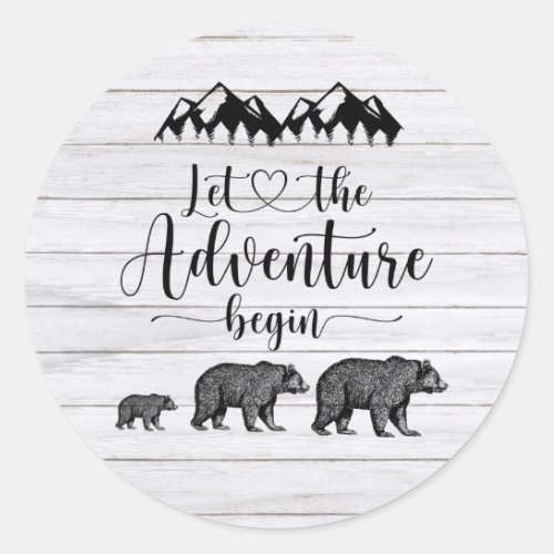 Rustic Let The Adventure Begin Pregnancy Announcem Classic Round Sticker