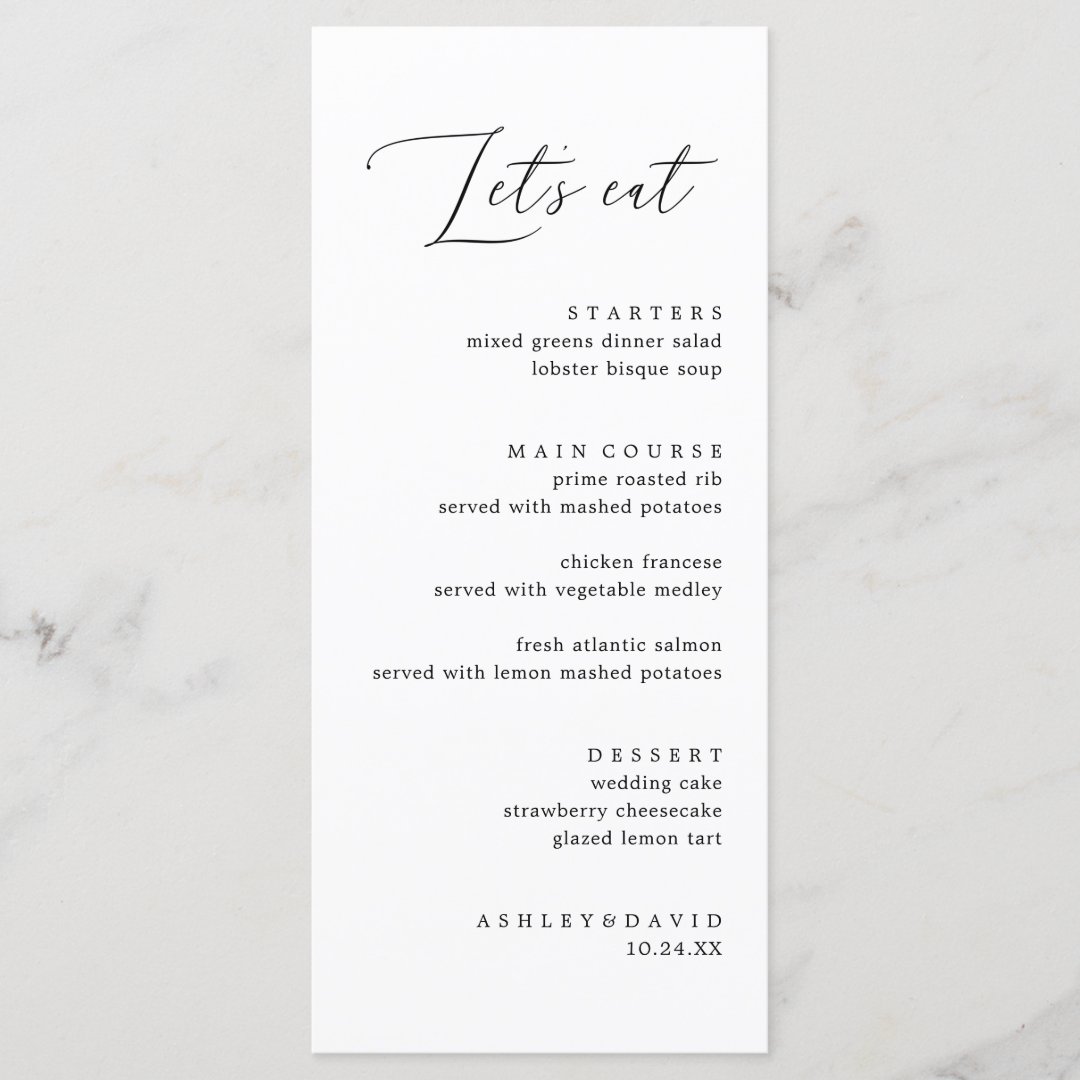 Rustic Let's Eat Wedding Dinner and Drinks Menu | Zazzle