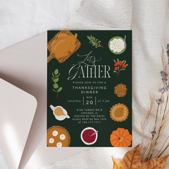 Rustic Let's Gather Thanksgiving Dinner Green Invitation (Creator Uploaded)