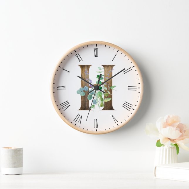 Rustic Letter H Wood Frame Clock (Home)