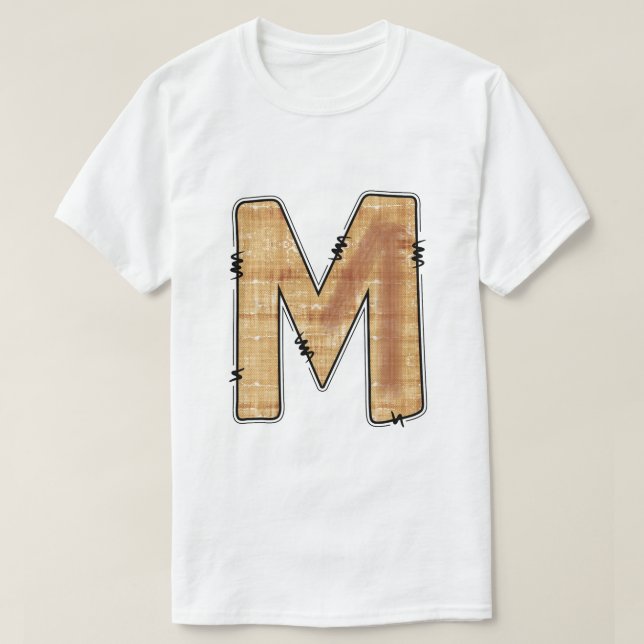 Rustic Letter M Burlap Texture Monogram White T-Shirt (Design Front)