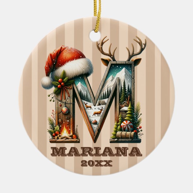 Rustic Letter M Christmas with Cozy Cabin Charm Ceramic Ornament (Front)