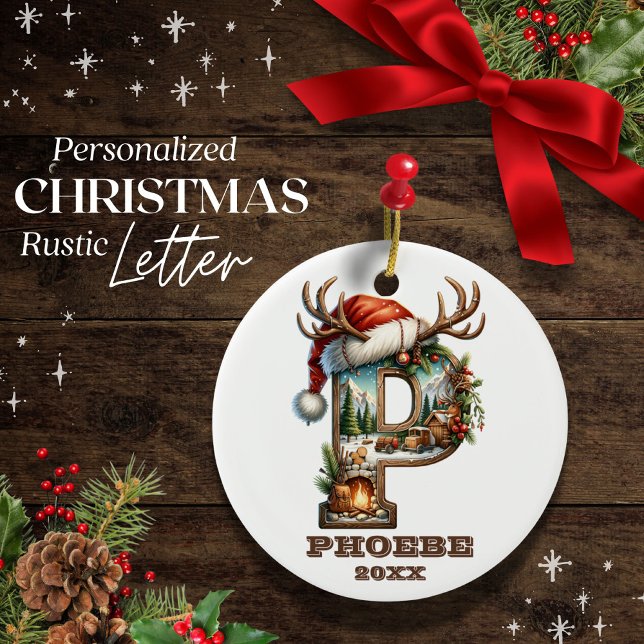 Rustic Letter P with Festive Winter Cabin Scene Ceramic Ornament (Creator Uploaded)