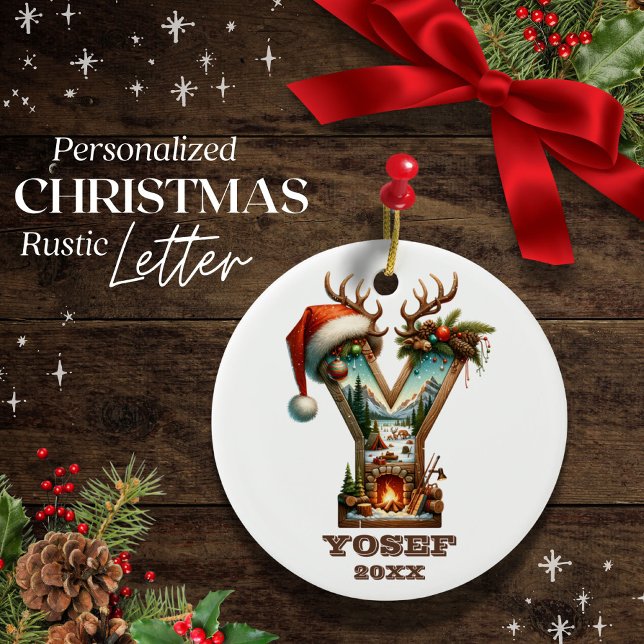 Rustic Letter Y Christmas Personalized Initial Ceramic Ornament (Creator Uploaded)