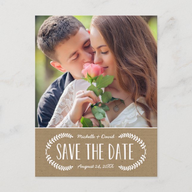Rustic Lettering Kraft Photo Save the Date Announcement Postcard (Front)