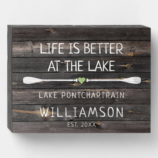 Rustic Life Better At Lake Personalized Wooden Box Sign (Front Horizontal)