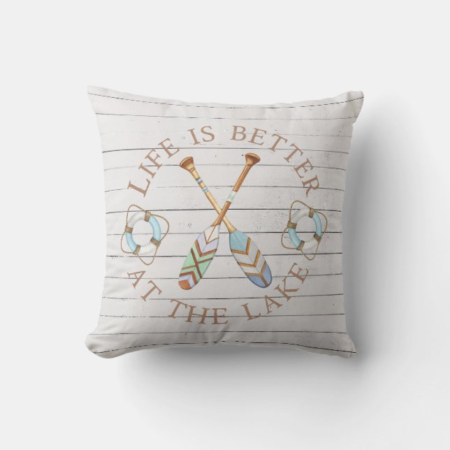 Rustic Life Is Better At The Lake White Wood Throw Pillow (Front)