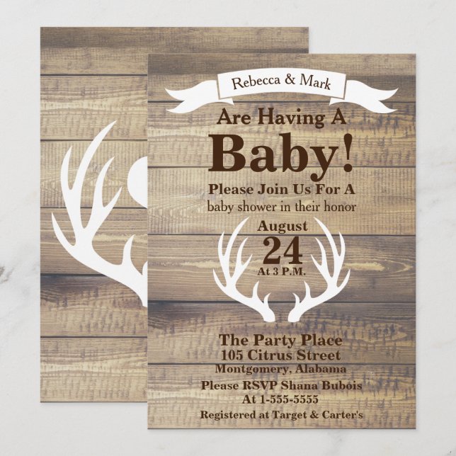 Rustic Light Barn Wood & White Deer Antlers Banner Invitation (Front/Back)