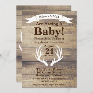 Rustic Light Barn Wood & White Deer Antlers Banner Invitation