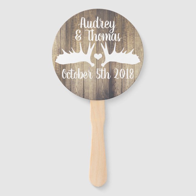 Rustic Light Barn Wood & White Moose Antlers Hand Fan (Front)