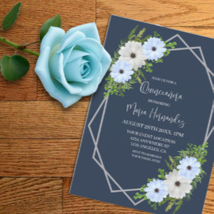 Rustic Light Blue and White Floral Quinceañera  Invitation