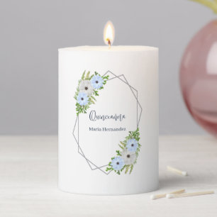 Rustic Light Blue and White Floral Quinceañera Pillar Candle