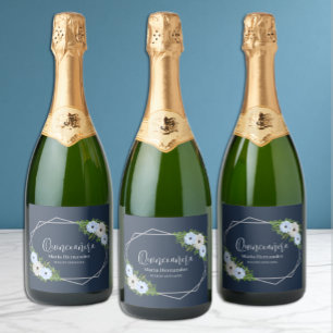 Rustic Light Blue and White Floral Quinceañera  Sparkling Wine Label