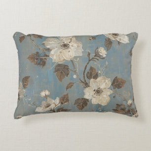 Rustic Light Blue Cocoa Brown Floral Print Accent Pillow