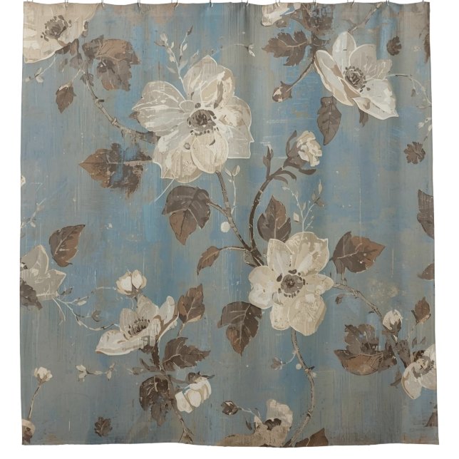 Rustic Light Blue Cocoa Brown Floral Print Shower Curtain (Front)