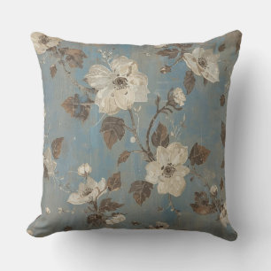 Rustic Light Blue Cocoa Brown Floral Print Throw Pillow