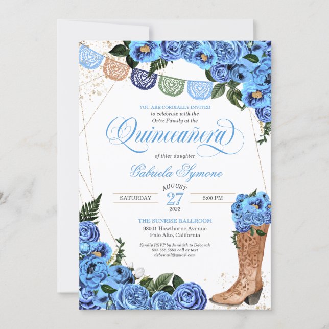 Rustic Light Blue Country Boots Charra Quinceañera Invitation (Front)