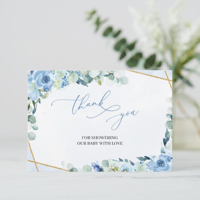 Rustic Light Blue Floral Gold Geometric Thank You Enclosure Card (Standing Front)