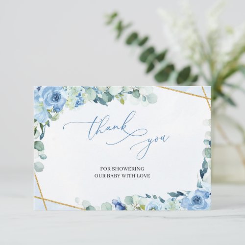 Rustic Light Blue Floral Gold Geometric Thank You Enclosure Card