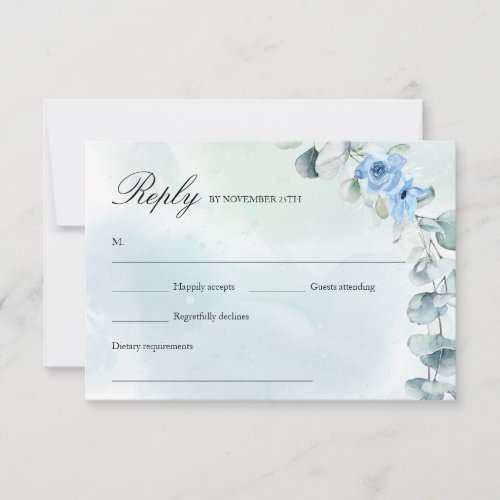 Rustic Light Blue Floral Green Eucalyptus Wreath RSVP Card