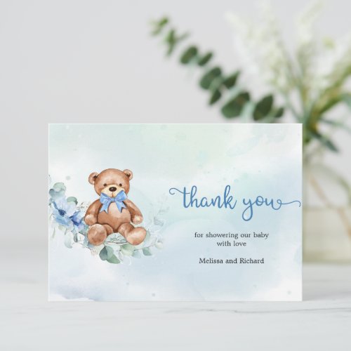 Rustic Light Blue Floral Teddy Bear Thank You Enclosure Card