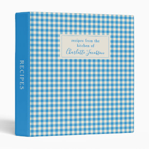 Rustic Light Blue Gingham Plaid Monogram Recipe 3 Ring Binder