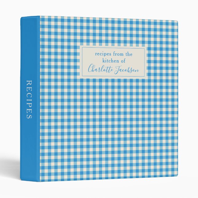 Rustic Light Blue Gingham Plaid Monogram Recipe 3 Ring Binder (Front/Spine)