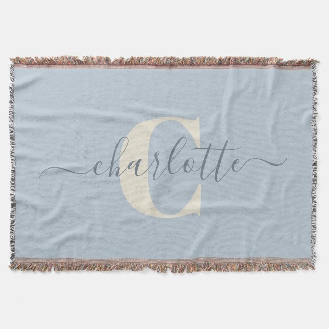 Rustic Light Blue Personalized Name Monogrammed  Throw Blanket (Front)