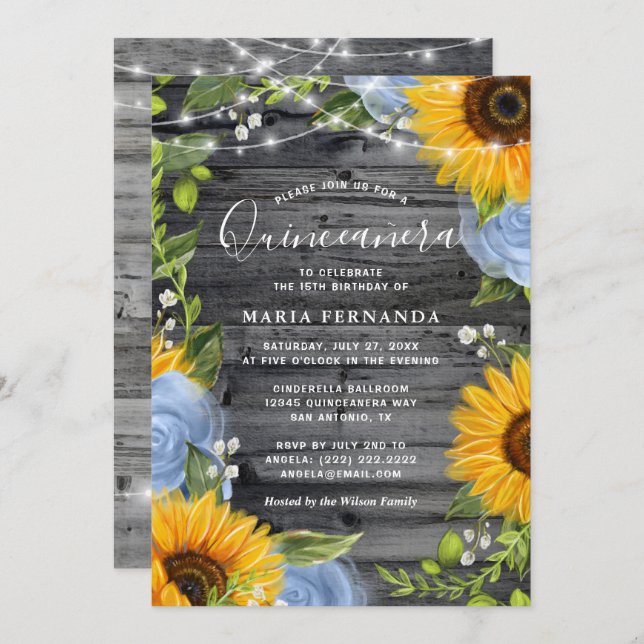 Rustic Light Blue Roses Sunflower Quinceanera Invitation (Front/Back)