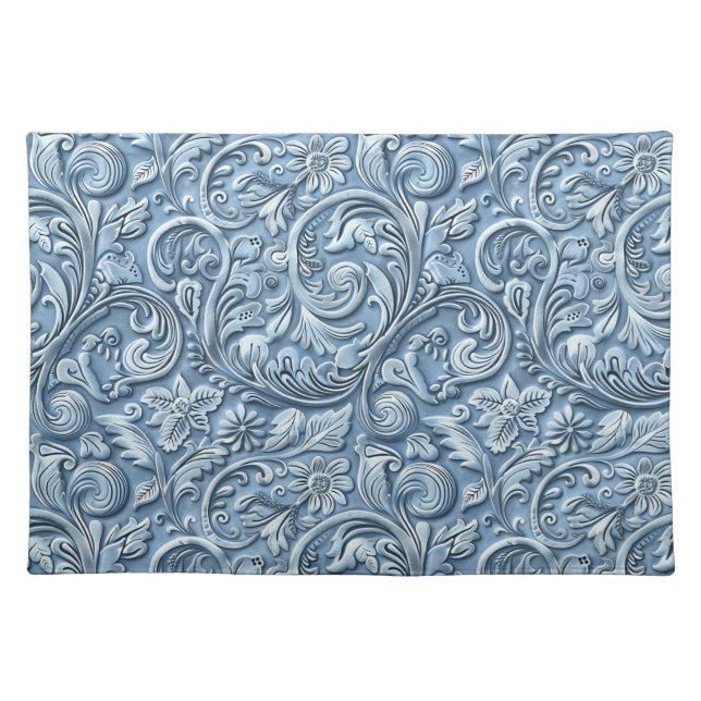 Rustic light blue tooled leather floral cloth placemat (Front)