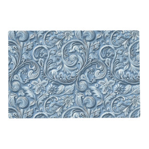 Rustic light blue tooled leather floral placemat