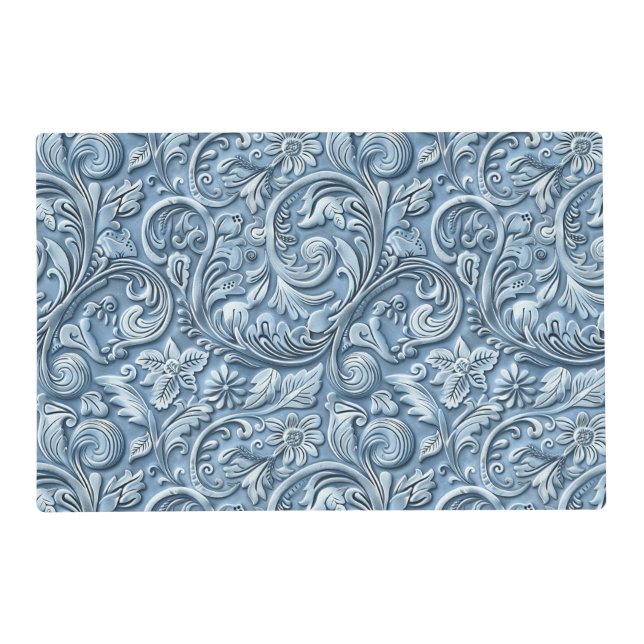 Rustic light blue tooled leather floral placemat (Front)