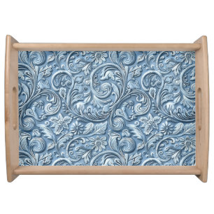 Rustic light blue tooled leather floral serving tray