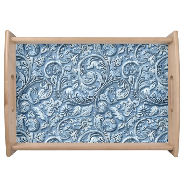 Rustic light blue tooled leather floral serving tray (Front)