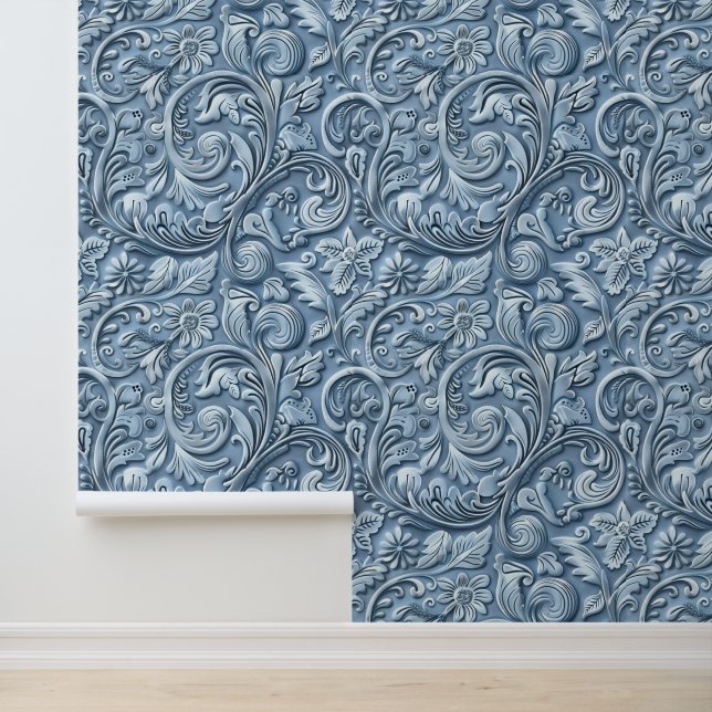 Rustic light blue tooled leather  wallpaper  (Application)
